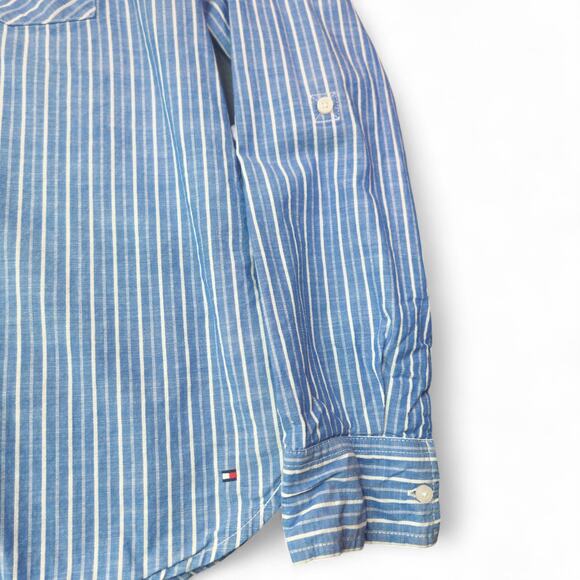 Tommy Hilfiger Half Zip Roll Tab Preppy Blue Stripe Logo Blouse Coastal Womens M - Picture 5 of 5